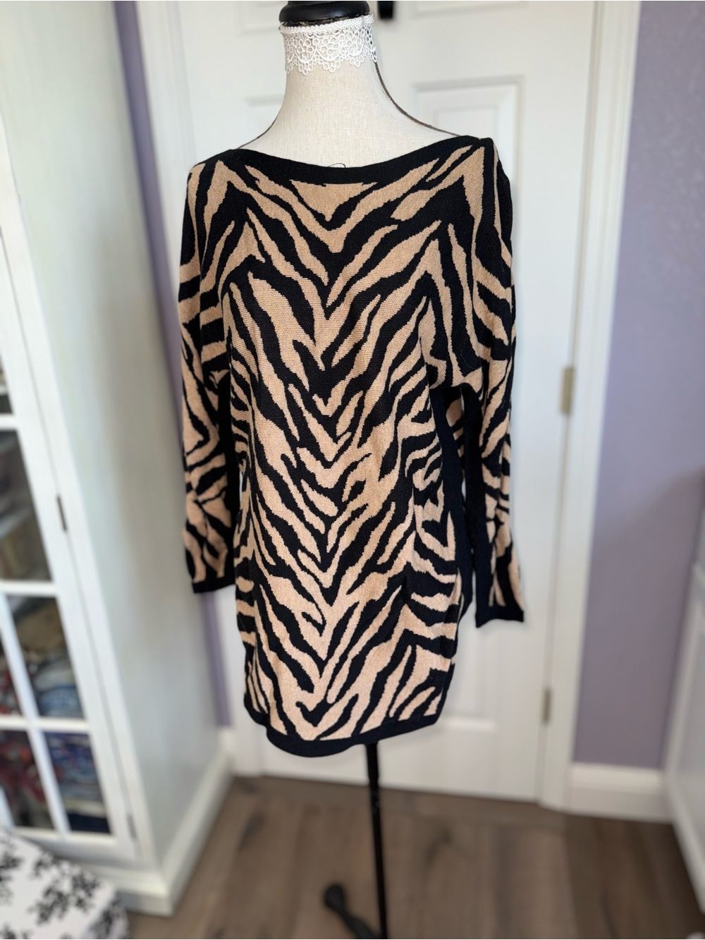 CAbi Zebra-Print Sweater in Tan and Black